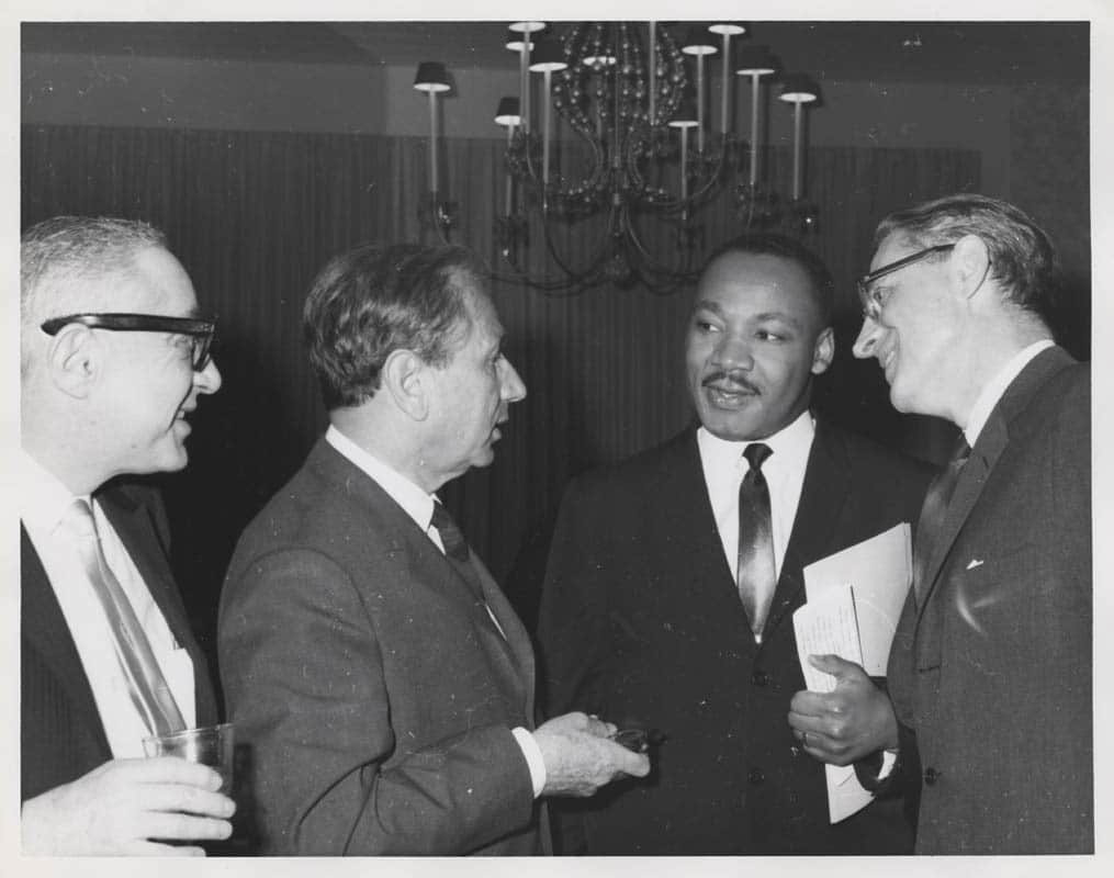 Rabbi Joachim Prinz, Dr. Martin Luther King, Jr., and Shad Polier at an American Jewish Congress fundraising event in 1963. (Photo via American Jewish Historical Society)