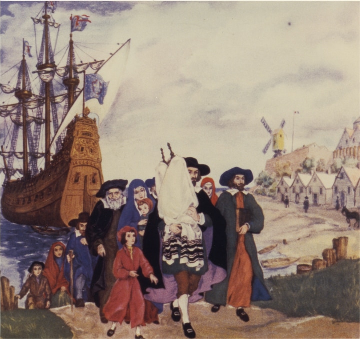 Manischewitz matzah box cover issued in honor of the Tercentenary depicting 1654 arrival of the first Jews of New Amsterdam. (Courtesy: American Jewish Historical Society)