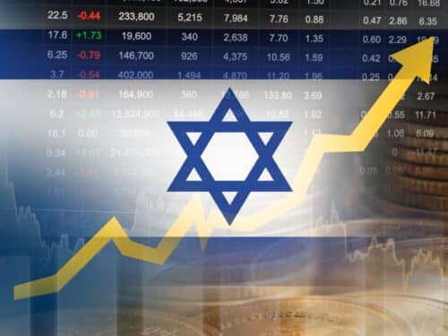 Israeli flag with stock ticker in the background. Photo by Sweet Tomato, Shutterstock