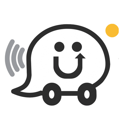 The original Waze logo, which features a stylized cartoon image of a smiling car icon with a smiley face. The car has two wheels and a curved line resembling a speech bubble. There is a small yellow circle above it, and gray curved lines indicating movement on the left side.